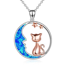 Load image into Gallery viewer, Cat on the Blue Opal Moon Pendant Necklace