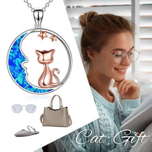 Load image into Gallery viewer, Cat on the Blue Opal Moon Pendant Necklace
