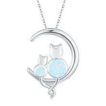 Load image into Gallery viewer, Silver Crescent Moon Opal Cat Pendant Necklace