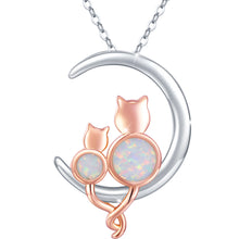 Load image into Gallery viewer, Silver Crescent Moon Opal Cat Pendant Necklace