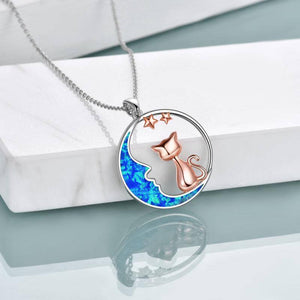Cat on the Blue Opal Moon Pendant Necklace