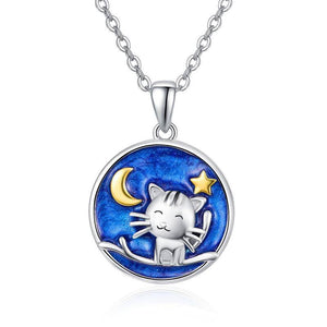 Cat with Moon and Star Pendant Necklace