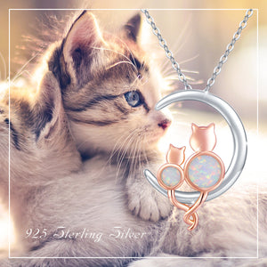 Silver Crescent Moon Opal Cat Pendant Necklace
