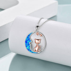 Cat on the Blue Opal Moon Pendant Necklace